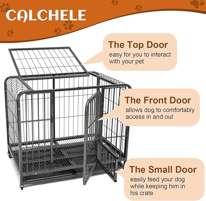 43.3inch Indestructible Metal Dog Crates for Large Dogs, Heavy Duty Escape Proof Dog Kennel Indoor Extra Large Dog Crate with Lockable Wheels, XL Dog Crate 43.3" L x 28.3" W x 37.8" H