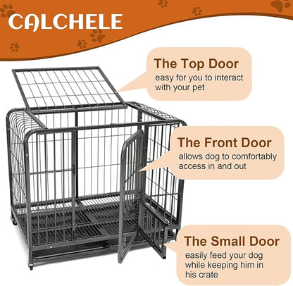 31inch Indestructible Metal Dog Crates for Small/Medium Dogs, Heavy Duty Escape Proof Dog Kennel Indoor with Lockable Wheels, High Anxiety Double Door with Removable Tray 31" L x 21.3" W x 28.7" H