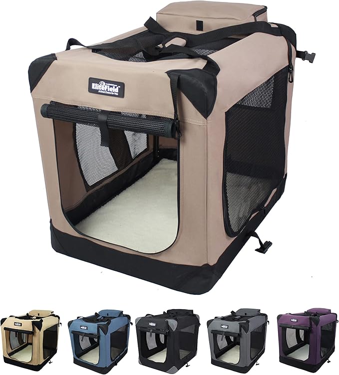 EliteField 3-Door Folding Soft Dog Crate with Carrying Bag and Fleece Bed (2 Year Warranty), Indoor & Outdoor Pet Home (36" L x 24" W x 28" H, Khaki)