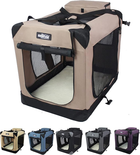 EliteField 3-Door Folding Soft Dog Crate with Carrying Bag and Fleece Bed (2 Year Warranty), Indoor & Outdoor Pet Home (36" L x 24" W x 28" H, Khaki)
