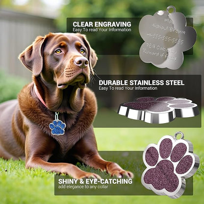 Dog Tags Personalized for Pets Glitter Paw Print Stainless Steel Dog Tag Cute Dog Name Tag Bulk Dog Tags for Wholesale (24 Pieces)