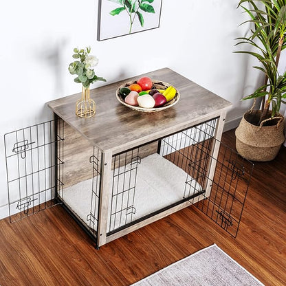 DWANTON Dog Crate Furniture with Cushion, Wooden Dog Crate with Double Doors, Dog Furniture, Indoor Dog Kennelï¼_nd Table, Medium, 32.5" L, Greige