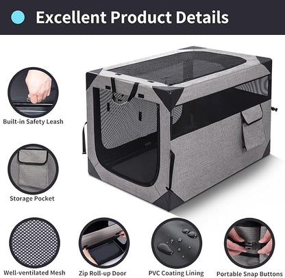 30 Inch Portable Travel Dog Crate, 3 Door Collapsible Soft Pet Kennel with Durable Mesh Windows for Medium Dogs, Foldable Dog Cage with Storage Pocket for Outdoor (Light Grey)