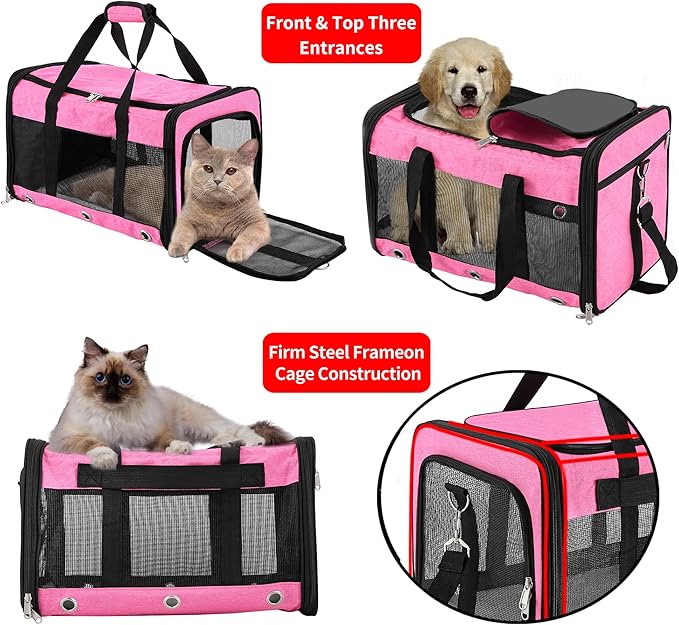 Soft Sided Cat/Dog Carrier,Collapsible Pets Travel Carriers for Pet/Puppy with Shoulder Strap & Removable Mat,Mesh Top Load Small Dogs/Cats Carry Bag Up to 25 Lbs（Pink,L）