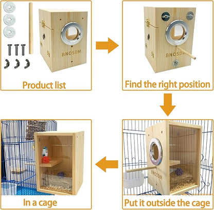 BNOSDM Parakeet Nesting Box Transparent Bird Breeding Nest Boxes Natural Wood Bird Cage (S)