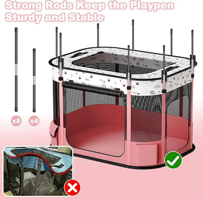 Portable Cat Playpen, 8-Rod Reinforced Kitten Dog Playpens, Foldable Play Pen for Indoor Cats Enclosed Pet Puppy Doggy Outdoor, Collapsible Tent Kennel Cage, Pink
