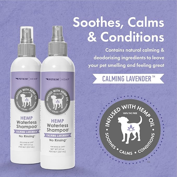 Petkin Hemp Waterless Dog Shampoo Spray  with Hemp Oil & Calming Lavender Extract, 8 fl oz  for Cats and Dogs  Soothes, Calms & Conditions, Keeps Pet Smelling Great  for Home and Travel
