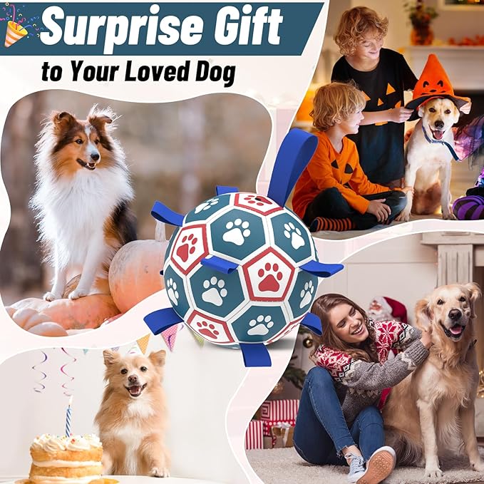 QDAN Dog Ropes Toys Soccer Ball with Straps, Interactive Dog Toys for Tug of War, Puppy Birthday Gifts, Dog Tug Toy, Dog Water Toy, Durable Dog Balls for Medium & Large Dogs（8 Inch）