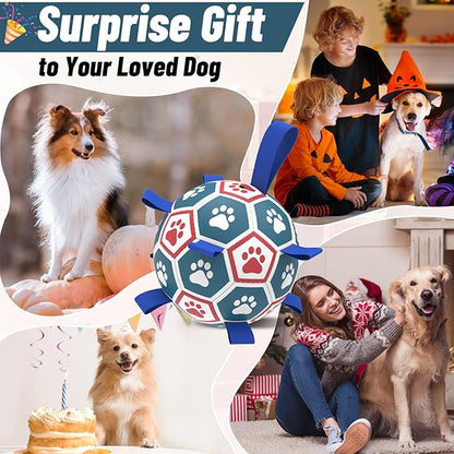 QDAN Dog Ropes Toys Soccer Ball with Straps, Interactive Dog Toys for Tug of War, Puppy Birthday Gifts, Dog Tug Toy, Dog Water Toy, Durable Dog Balls for Medium & Large Dogs（8 Inch）