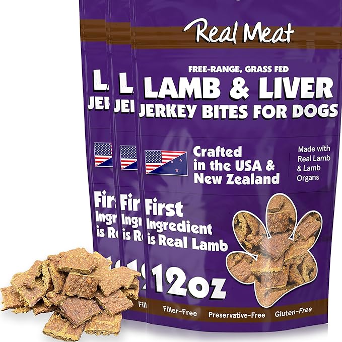 Real Meat Dog Treats - Three 12oz Bag of Bite-Sized Air-Dried Lamb & Liver Jerky for Dogs - Grain-Free Jerky Dog Treats Made up of 95% Human-Grade, Free-Range, Grass Fed Lamb - All-Natural Dog Treats