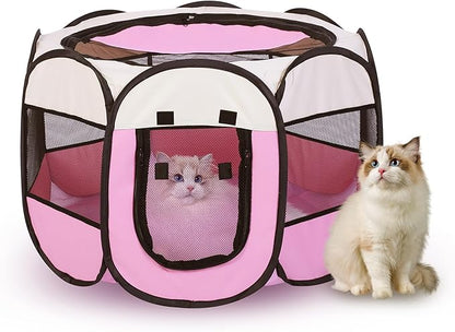 Cat Playpen Indoor, Portable Pet Play Pen for Outdoor Cat, Pink Kitten Birthing Box Exercise Playpen Tent, Waterproof Travel Dog House Kennel Camping Cage for Small Dog Animal House