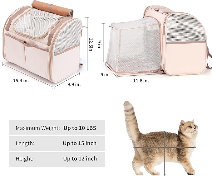 FUKUMARU Cat Backpack Carrier, Expandable Small Pet Carriers for Cats with 4 Pockets, Hiking Travel Carrier Bag for Small Animal, Airline Approved Cat Carrier with Rollable Cover for Nervous Cat, Pink