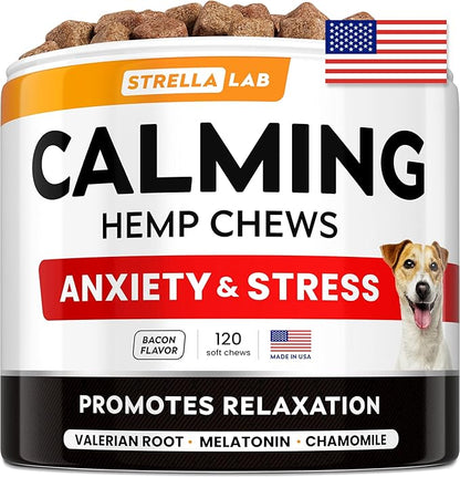 STRELLALAB Hemp Calming Chews for Dogs - Melatonin Dog Treats - Anxiety Relief - Calming Chews - Sleep & Stress Aid for Separation - 120ct Hickory Bacon Flavor