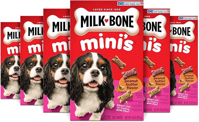 Milk-Bone Mini's Peanut Butter Flavor Dog Treats for All Size Dogs, 15 Ounce (Pack of 6), Crunchy Texture Helps Freshen Breath
