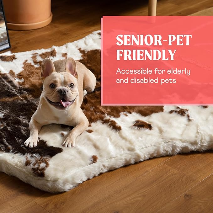 PupRug Orthopedic Dog Bed for Large Dogs with Fluffy Soft Faux Fur and Memory Foam for Joint Pain Relief, Machine Washable and Waterproof Couch Bed, Brown Cowhide, Medium