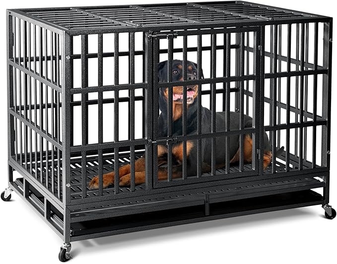 48 inch Heavy Duty Indestructible Dog Crate,2025 New Upgraded Reinforced Baseplate for Large Dogs,XL Dog Crate for High Anxiety Dogs/Max Load Capacity 220lbs/Double Door with Wheels