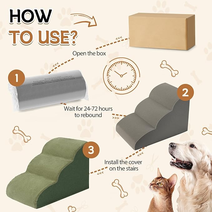 Romrol Dog Stairs Ramp for Beds Couches, Extra Wide Pet Steps with Durable Non-Slip Waterproof Fabric Cover, Pets Slope Stairs, 3-Tiers,Green