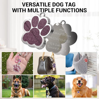 Dog Tags Personalized for Pets Glitter Paw Print Stainless Steel Dog Tag Cute Dog Name Tag Bulk Dog Tags for Wholesale (24 Pieces)