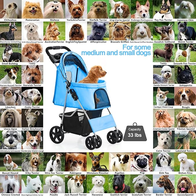 Dog Stroller for Small Dogs, Portable Pet Stroller for Cats Folding Puppy Stroller Lightweight Dog Cat Cage Jogger Stroller with Storage Basket and Cup Holder, 4 Wheels, Blue