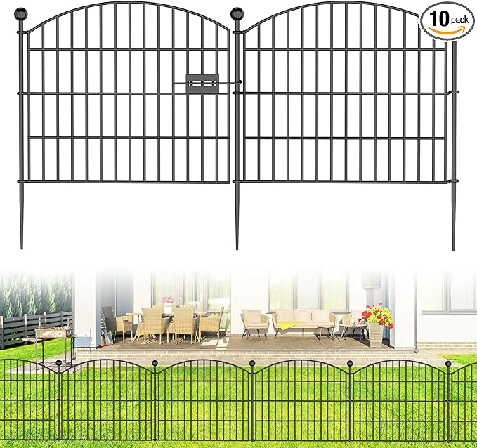 10 Panels No Dig Decorative Garden Fence with Gate - 24 in (H) x 20 ft (L) Dog Rabbits and Pets Fence Outdoor for Yard, Animal Barrier Tall Rustproof Metal Wire Fencing Border for Garden and Patio