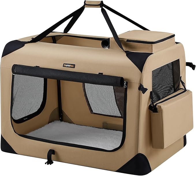 Feandrea 36 Inches Collapsible Soft Dog Crate, Portable Travel Dog Crate for Indoor and Outdoor Use, Dog Carrier Kennel with Safety Zippers, for Living Room, Car, Travelling,Camel Brown UPDC090K01