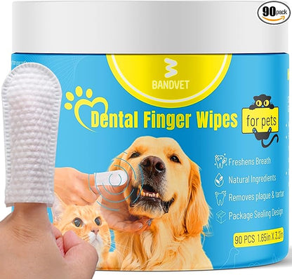 Pack Dog Teeth Cleaning Wipes - No-Rinse Cat Toothbrush, Effective Dog Breath Freshener - Essential Pet Supplies (90 Count - 1.65 in x 3.15 in)