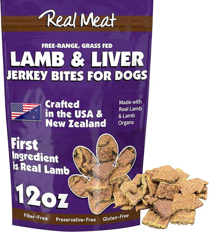 Real Meat Dog Treats - 12oz Bag of Bite-Sized Air-Dried Lamb & Liver Jerky for Dogs - Grain-Free Jerky Dog Treats Made up of 95% Human-Grade, Free-Range, Grass Fed Lamb - All-Natural Dog Treats