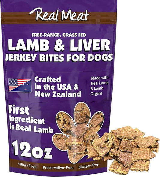 Real Meat Dog Treats - 12oz Bag of Bite-Sized Air-Dried Lamb & Liver Jerky for Dogs - Grain-Free Jerky Dog Treats Made up of 95% Human-Grade, Free-Range, Grass Fed Lamb - All-Natural Dog Treats