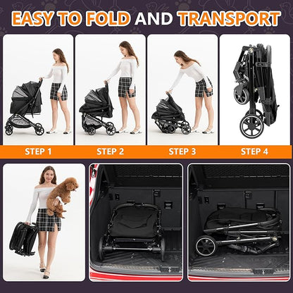 Medium Dog Stroller, Kenyone Pet Stroller for Medium Dogs Up to 55lbs, Lightweight Aluminum Frame, One Click Folding, Large Cat Stroller with No Zip Entry, Detachable Mesh, Multiple Pockets