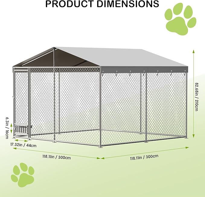 10x10x7 Ft Outdoor Dog Kennel, Heavy Duty Outside Dog Kennel with Waterproof and Anti-UV Roof Cover, Large Dog Enclosures with Feeder for Backyard