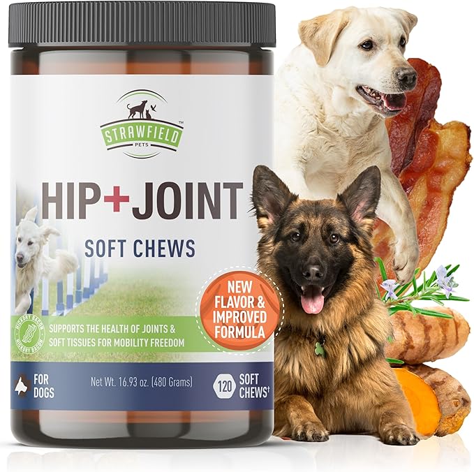 Strawfield Pets Hip + Joint Chews for Dogs Advanced Dog Joint Supplement with Glucosamine Tasty Healthy Mobility Treats Bacon Flavor 120 Count