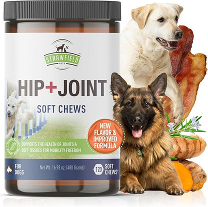 Strawfield Pets Hip + Joint Chews for Dogs Advanced Dog Joint Supplement with Glucosamine Tasty Healthy Mobility Treats Bacon Flavor 120 Count