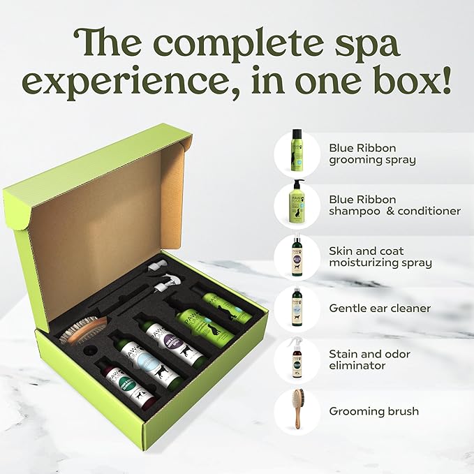 Pawfume Dog Gift Basket, 6-Piece Box  Give Your Pup a Spa-Quality Coat & Odor-Free Freshness  Probiotic Deodorizer Spray, Hypoallergenic Grooming Mist & Premium Brush  Dog Gift Boxes for All Breeds