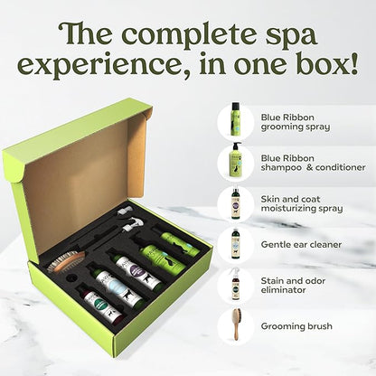 Pawfume Dog Gift Basket, 6-Piece Box  Give Your Pup a Spa-Quality Coat & Odor-Free Freshness  Probiotic Deodorizer Spray, Hypoallergenic Grooming Mist & Premium Brush  Dog Gift Boxes for All Breeds