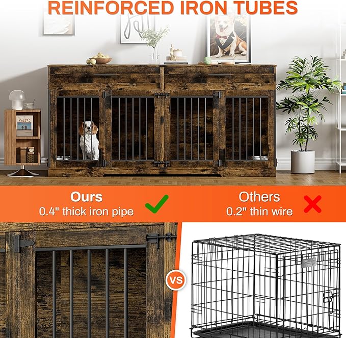 Rophefx 72" Dog Crate Furniture for 2 Dogs, Large Dog Kennel Furniture with 2 Storage Drawer and 4 Bowls, Wooden Dog Cage with Removable Divider, Indoor Dog House TV Stand for Medium Dog, Rustic Brown