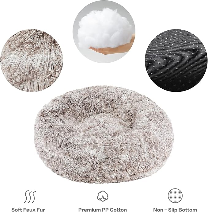 NOYAL Calming Donut Dog Bed for Small to Medium Dogs & Cats - Plush Faux Fur Anti-Anxiety Pet Bed with Machine Washable Cover & Non-Slip Base