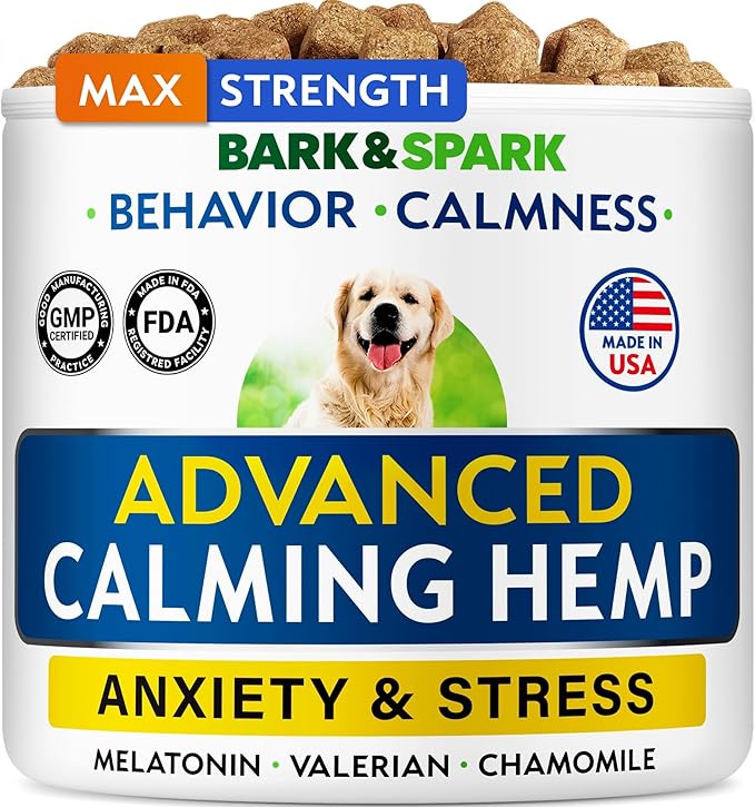 BARK&SPARK Advanced Calming Chews for Dogs - Hemp Chew + Melatonin - Anxiety Relief - Sleep Aid - Relaxing Treats - Stress Relief During Fireworks, Storms, Thunder, Barking - Made in USA - 60Ct
