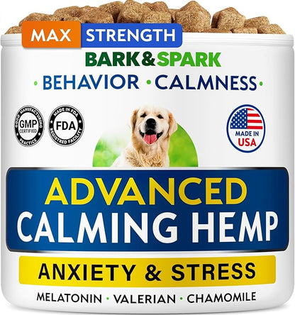 BARK&SPARK Advanced Calming Chews for Dogs - Hemp Chew + Melatonin - Anxiety Relief - Sleep Aid - Relaxing Treats - Stress Relief During Fireworks, Storms, Thunder, Barking - Made in USA - 60Ct
