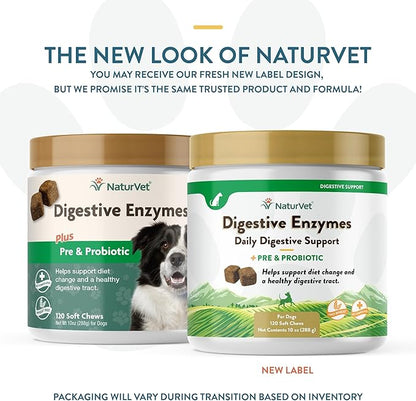 NaturVet  Digestive Enzymes - Plus Probiotics & Prebiotics  Helps Support Diet Change & A Healthy Digestive Tract  for Dogs & Cats (Soft Chews, 120 Count)