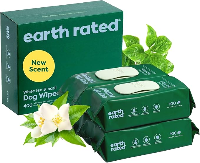 Earth Rated Pet Grooming Wipes for Dogs and Cats, Hypoallergenic, 3-in-1 Cleaning, Deodorizing and Hydrating, for Paws, Body and Butt, New White Tea and Basil Scent, 400 Count