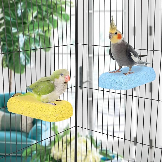 Wontee Bird Chewing Toys Grinding Beak Bird Perch Stand for Budgies Parakeets Cockatiels Lovebirds Conures Rats Squirrels, 2 Packs (Yellow+Blue)