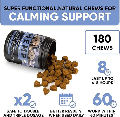 Calming Chews for Dogs with Hemp Oil - Dog Calming Treats with Duck Flavour - Aid During Thunderstorms, Fireworks, Separation, Car Rides - Hemp Dog Treats for Calming Support - 180 Chews