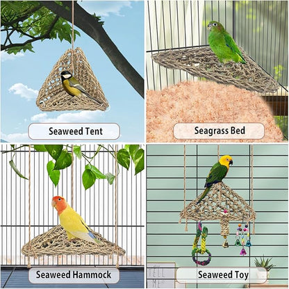BNOSDM Bird Seagrass Mat, 3 PCS 7.1 x 7.1 Inches Parrot Natural Seagrass Woven Bird Net Hammock Mats Chew Toys Bird Hideout Cage Accessories for Lovebird Cockatiel Conure Budgie Hamster Rats