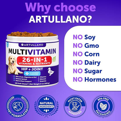 Dog Multivitamin Chewable with Glucosamine 26 in 1 - Dog Vitamins and Supplements - Senior & Puppy Multivitamin for Dogs - Pet Joint Support Health - Immunity, Mobility, Gut Skin - 120 Chews