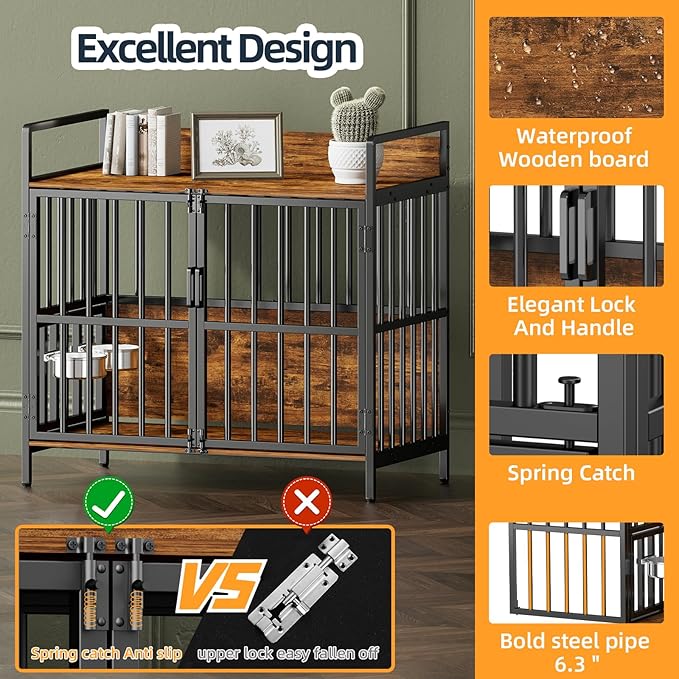 Large Dog Crate Furniture, with 360° Adjustable Elevated Feeder, Heavy Dog Furniture, Indoor Decorative Dog Kennel, Sturdy Metal Construction, 38" W_21" D_36" H, Rustic Brown Finish