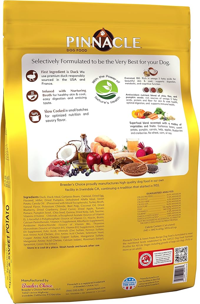 Pinnacle Duck & Sweet Potato Dry Dog Food 22 lb, Infused with Broth