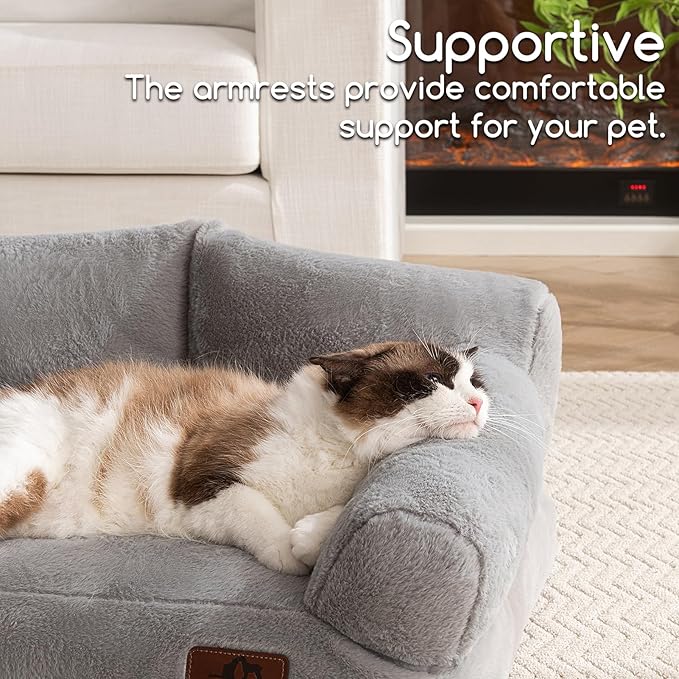 Hollypet Fluffy Plush Pet Cat Couch Soft Calming Pet Sofa Bed for Medium Small Cats and Dogs, Silver Gray