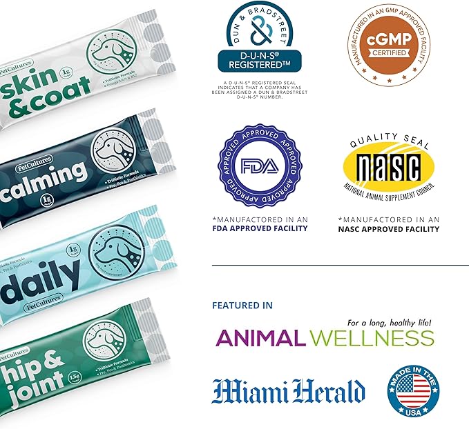 Petcultures Skin & Coat TriBiotic Formula | Powder Food Topper Supplement, Not a Treat with Probiotic, Prebiotic and Postbiotic | with Omegas, Biotin & Zinc for Skin Vitality | 30 Packs | Made in USA