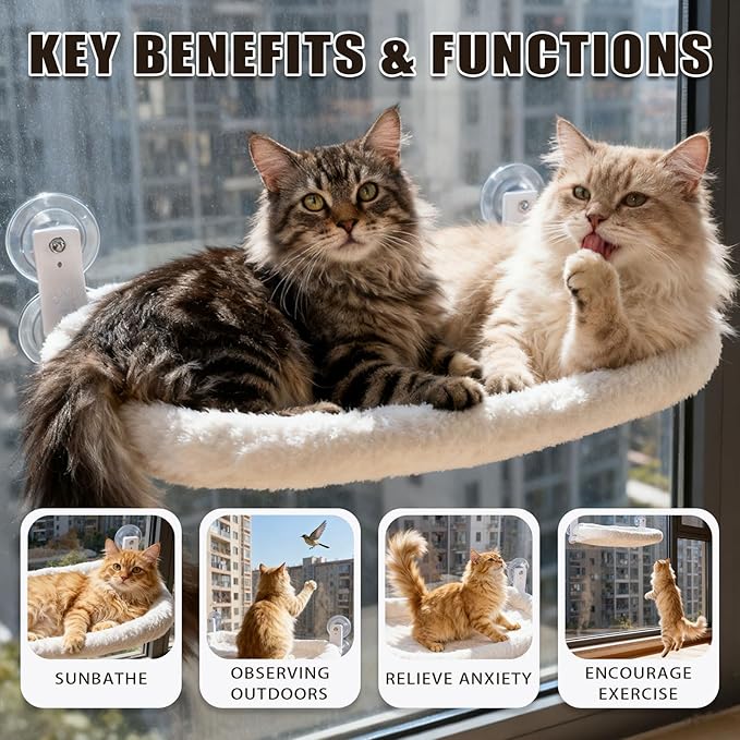 Cat Window Perch with Strong Suction Cups, 55lbs Hold Weight Tested, Foldable Cat Window Hammock Bed with Breathable Mesh, All-Season Lounger for Medium Small Cats to Bird Watch & Sunbathe (White, XL)
