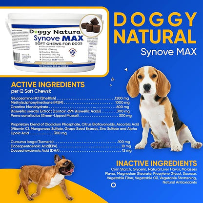 Synove Max Soft Chews for Dogs (240 Count) Beef Flavor, Joint Supplement, Glucosamine, Turmeric, Boswelllia serrata, Creatine Naturally Derived Ingredients better than synovi g4 soft chew